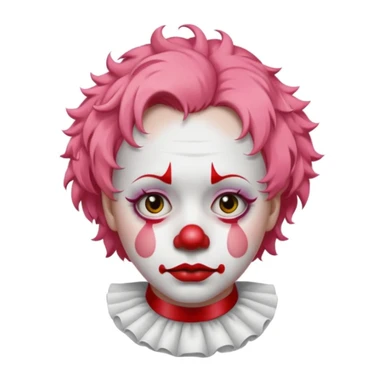 close-up portrait of a sorrowful clown emoji, white face paint, red nose, minimalist makeup, single tear, short curly pastel pink hair, simple ruffled collar, soft lighting, polished finish, white background sticker