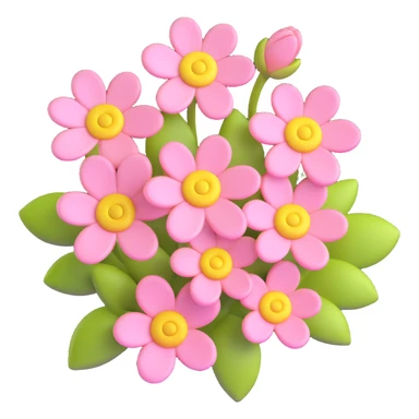 Recreate a cluster of soft pink flowers with yellow centers, matching the shape and arrangement of the reference image. Render with a soft, rounded, glossy 3D iOS emoji style on a white background. sticker