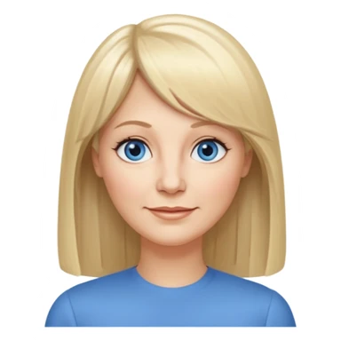 50 yr old white woman, center part bangs, very long straight blond hair, oval face, small smile, blue eyes, thin face, hair downback, hair parted at center of head, round cheeks, pale, longer hair sticker