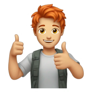 a young man with short red hair smiling and giving a thumbs up sticker