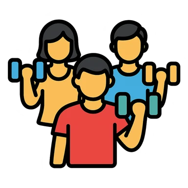 group of gym buddies lifting weights, minimal and recognizable icon style sticker