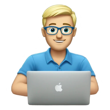man looks 35 classes, european, tech nerd love , blue shirt blond short hair, blue eyes with specs behind macbook on with electronics pcb on the desk sticker