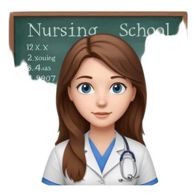university classroom that says nursing school on the blackboard with a pretty female nursing student with long brown hair, blue eyes sticker