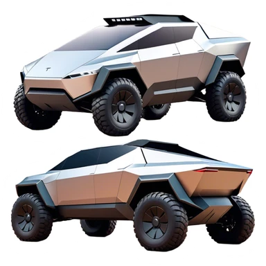 Tesla Cybertruck - A futuristic Tesla Cybertruck, angular and geometric with a sharp, triangular body shape. Stainless steel exoskeleton with a raw, unpainted, brushed-metal finish. A sleek, narrow LED light bar stretches across the entire front. Large, rugged off-road tires with exposed wheel arches. Smooth, handle-free doors and a slanted, armored rear with a retractable tonneau cover. Rear LED strip mirroring the front. The vehicle looks like a sci-fi-inspired, bulletproof stealth tank on wheels, set in a high-tech urban environment at sunset, with reflections on its metallic surface. sticker