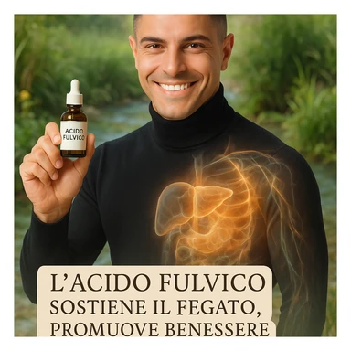 Uomo con il volto del riferimento, tiene una boccetta 'acido fulvico', energia traslucida che attraversa fegato e pelle, ambiente naturale, piante e acqua pulita sullo sfondo, stile wellness, testo in italiano. sticker