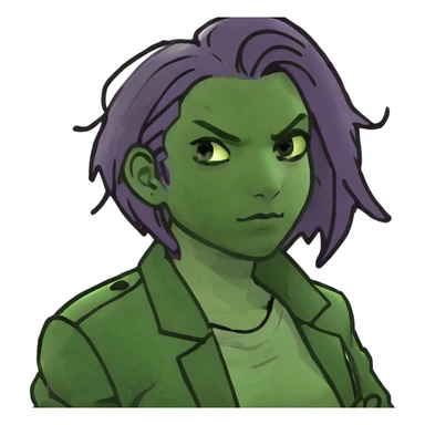 Man with stylish green jacket and purple hair, strong pose, bold expression, modern clothing style sticker