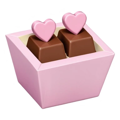 Two square milk chocolate , Each praline is a sharp-edged cube with smooth glossy chocolate coating, placed in a small white fluted paper candy cup. On top of each cube is a flat pastel pink heart-shaped icing sticker