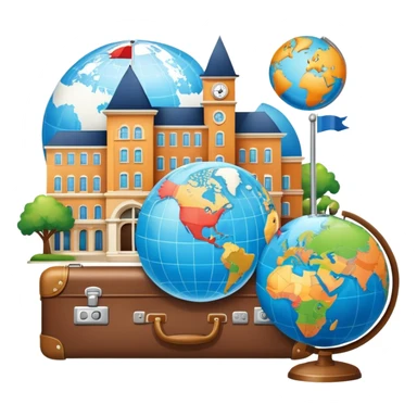 An icon featuring a suitcase, a globe, and a hotel building, symbolizing tourism and hospitality studies. The design includes a map and compass, representing travel research and industry analysis. Transparent background sticker