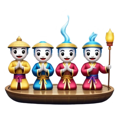 Cinematic Realistic Water Puppetry Emoji, depicted as a whimsical scene of traditional water puppets performing on a reflective water stage, rendered with vivid textures and dynamic playful lighting that captures its enchanting charm. sticker