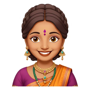A cheerful Indian aunt (mausi) character with a plump face, smiling, wearing traditional Indian clothing and a bindi sticker
