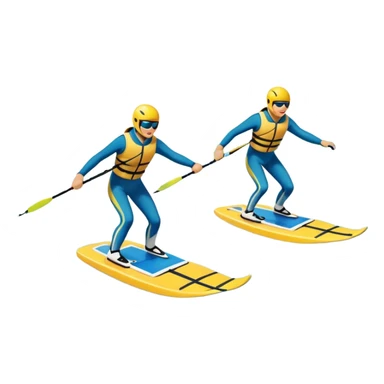 A humanless icon showing a close-up pair of water skis skimming across the surface of a lake in motion. The design includes a wake behind splashing water, and the sun reflecting on the water. Transparent background highlights the speed and thrill of water skiing. sticker