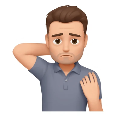 A man who is depressed with his left arm draped over his head so the inside of his left elbow is on his head and his left hand is touching his right shoulder sticker