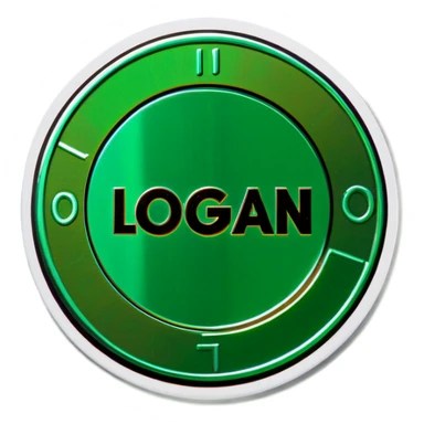 Green shiny coin that says the word “Logan” sticker
