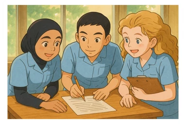 Illustration Ghibli of four nursing students working together, wearing short-sleeved outfits without stethoscopes, inspired by the four provided faces, bright and joyful atmosphere, version 2 sticker