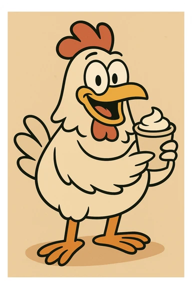 cartoon chicken holding a cup of cream, cheerful, no text sticker