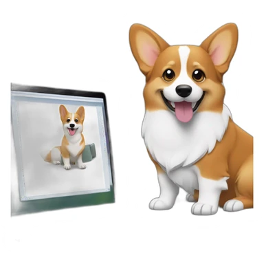 corgi sits behind laptop monitor sticker