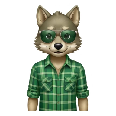 friendly anthropomorphised wolf in green plaid shirt and green attire for St. Patrick's Day, wearing dark sunglasses, upright pose sticker