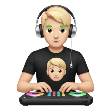 эмодзи парень диджей молодой с диджейский пультом красивый парень со светлыми волосами и в наушниках apple airpods max одет в черную футболку карие глаза  sticker