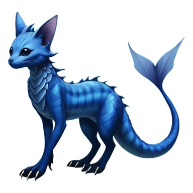 Epic complex abyssal fantasy divine glorious detailed dark dusky gloomy deep gothic gloomy cobalt-blue-abyss-blue-black-greyish, realistic Fakémon-Sprigatito-Floragato-Meowscarada-Vaporeon-Salandit-Trico-Sergal-Serval-Vernid-creature (full body) with mermaid-ears, tail fin, shiny sparkly, abyssal sticker