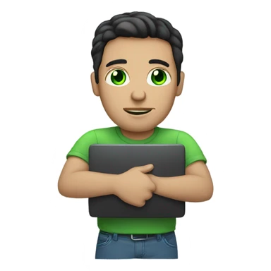 a man with green eyes, dark hair, light skin, a computer in his hands sticker
