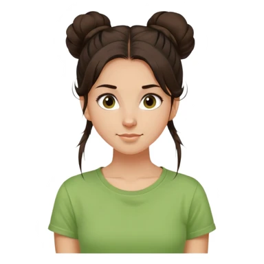 a girl with long dark brown hair with one high disheveled bun in light green t-shirt, a slight smile, dark brown eyes sticker