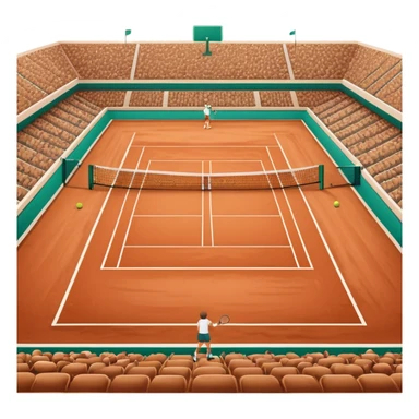 A tennis court at the Roland Garros tournament, with the iconic clay surface and a tennis ball bouncing near the net. The scene evokes the energy and excitement of the grand event, with vibrant crowds in the stands and a competitive atmosphere. sticker