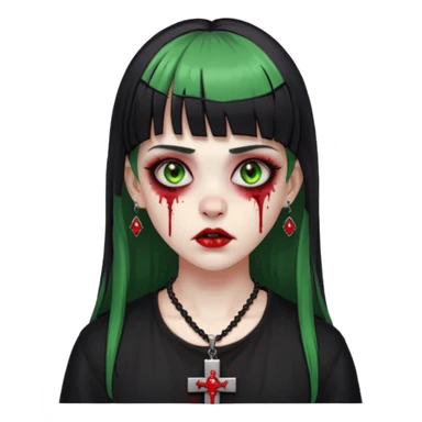 zumbi verde com olhos vermelhos sangrando e franja roupa preta e um crucifixo como colar, sem ser na testa e um piercing no nariz bem feminino a franja reta também  sticker