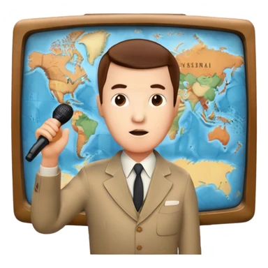 Icon for Documentary Film (TV style): A large vintage TV screen with a serious-looking host standing in front of a map. The host holds a microphone, and the map displays historical or geographical information. Retro TV broadcast style. Transparent background. sticker