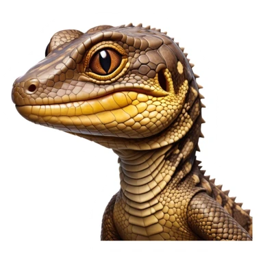 Cinematic Comical brown camo spotted monitor Lizard Portrait Emoji, Head tilted dramatically with an exaggeratedly shocked expression, featuring a robust, patterned body with wide, comically expressive eyes full of humorous disbelief, Simplified yet hilariously expressive features, highly detailed, glowing with a slightly sassy glow, high shine, dramatic yet playful, stylized with an air of quirky reptilian attitude, soft glowing outline, capturing the essence of a meme-worthy brown camo spotted monitor lizard that looks ready to side-eye its way into viral fame! sticker