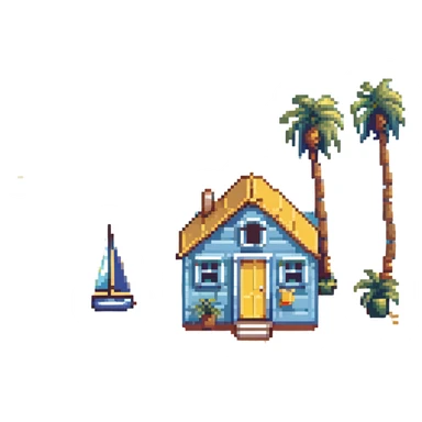 tiny coastal home with yellow walls, pixel art emoji style, 32x32, bright blue sea, sandy beach, palm trees and a sailboat in the background sticker