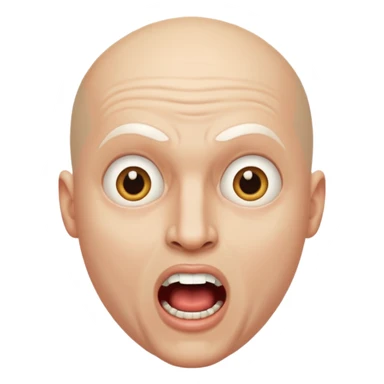 Cabaret portrait of a bald man with a whitened face and made-up eyes and mouth, a huge, wide-open mouth and a startled look sticker