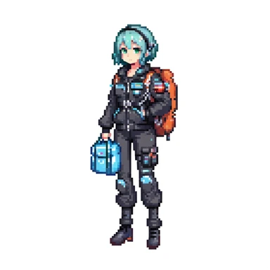 1 female, a vtuber in a cryo suit with a flight jacket, holding a medpack - SNES box art image - cutscene graphic 3/4 side perspective sticker
