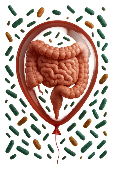 intestino umano anatomico chiuso in un palloncino rosso con batteri intestinali che fluttuano intorno, iperrealistico 4k sticker
