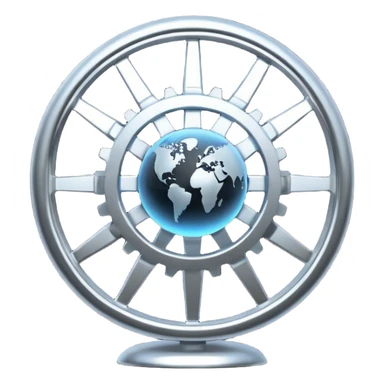 Minimal black line icon of a gear and globe, with circuit-style connected nodes, flat vector style, thin stroke, white background, representing global system configuration and connectivity. sticker