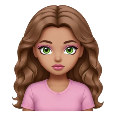  long wavy brown hair, light skin, light green eyes, pretty bratz baddie, black eyeliner, blush, pink shirt sticker