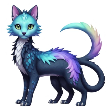 Kawaii black pastel iridescent beautiful pretty elegant divine edgy fantasy feline-vernid-sergal-fursona animal creature with a tufted tail full body with intricate markings  sticker