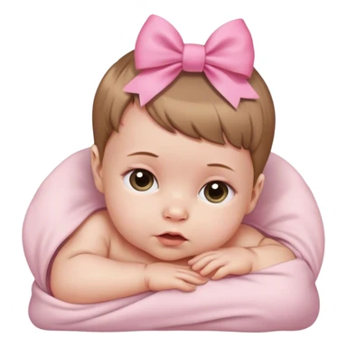 White newborn baby with very short light brown hair and pink bow sticker