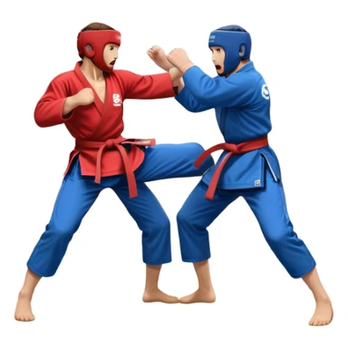 Two SAMBO fighters in blue and red uniforms engage in dynamic grappling and throwing techniques. One executes a powerful throw while the other tries to counter. The scene is set in a sports arena with a competition mat, capturing the intensity and motion of the martial art. Transparent background. sticker
