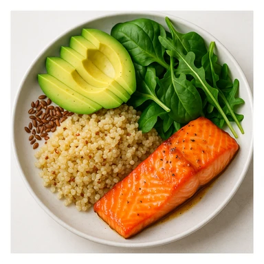 close-up of a balanced plate with salmon, quinoa, avocado, leafy greens, flax seeds, food photography style, vibrant colors, light background sticker