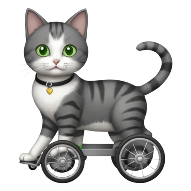 full body small short hair dark grey and white cat with green eyes walking in a wheelchair for cats sticker