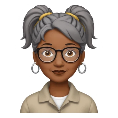 emoji of a black older women with black and gray hair in a ponytail with glasses and brown eyebrows sticker