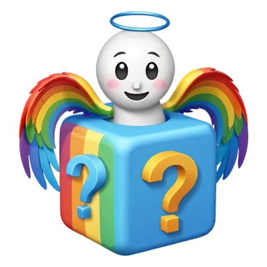  mainly blue and rainbow, the blue being the block itself. The rainbow parts are question marks, corner and smile. It has 2 white wings on each side like the other Lucky Blocks. sticker