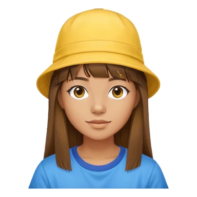 Young woman, bucket hat, tan skin tone, long brown hair with fringe, yellow T shirt with blue sleeves sticker