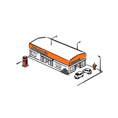 Isometric British Sainsbury's supermarket building with orange signage, car park, shopping trolley bay, and red telephone box nearby sticker