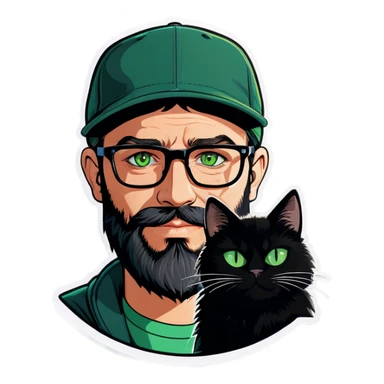 A bold man with a grey baseball cap, green eyes, big beard and glasses holding a black cat sticker
