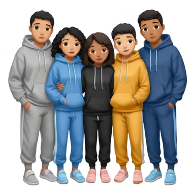 four mixed race friends all wearing oversized hoodies, sweatpants, and slides huddled together hugging sticker