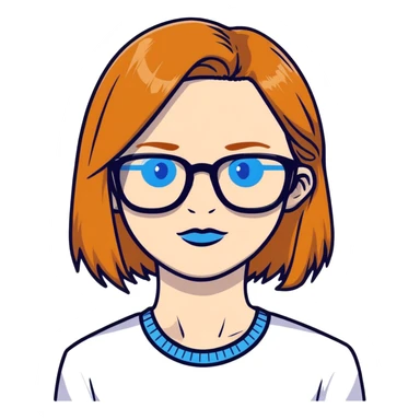 woman with pale skin, ginger straight hair, black glasses, blue eyes sticker