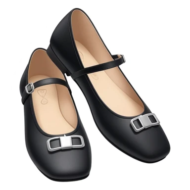 Black square-toed ballet flats with strap and tiny silver buckle sticker