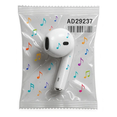 single white EarPod with scattered tiny rainbow glass music notes, glossy sticker