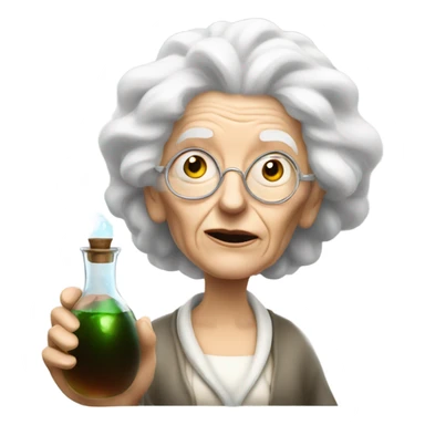Crazy old lady with big white hair holding a potion bottle sticker